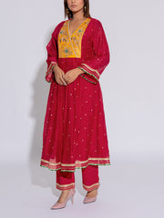 Red & Yellow Chanderi Cotton Suit Set