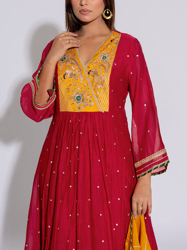 Red & Yellow Chanderi Cotton Suit Set