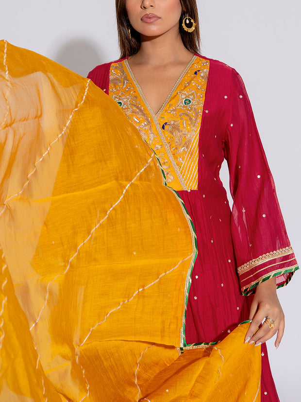 Red & Yellow Chanderi Cotton Suit Set