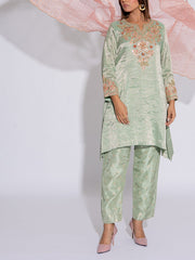Green and Pink Tissue Embroidered Suit Set