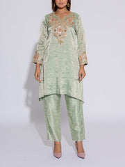 Green and Pink Tissue Embroidered Suit Set