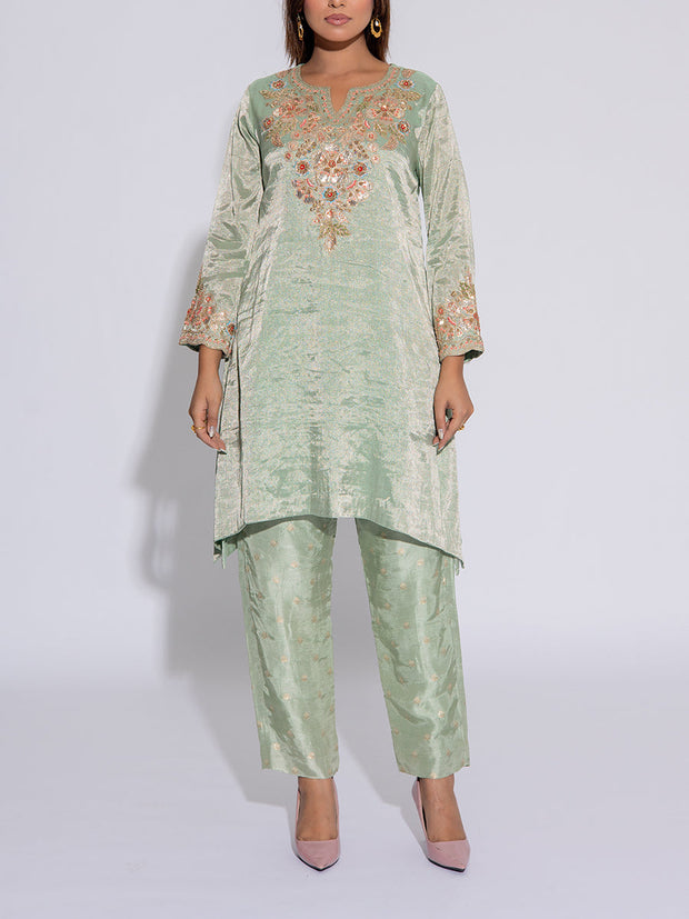 Green and Pink Tissue Embroidered Suit Set