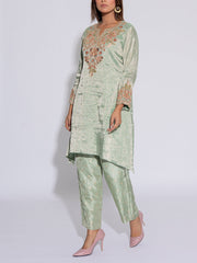 Green and Pink Tissue Embroidered Suit Set