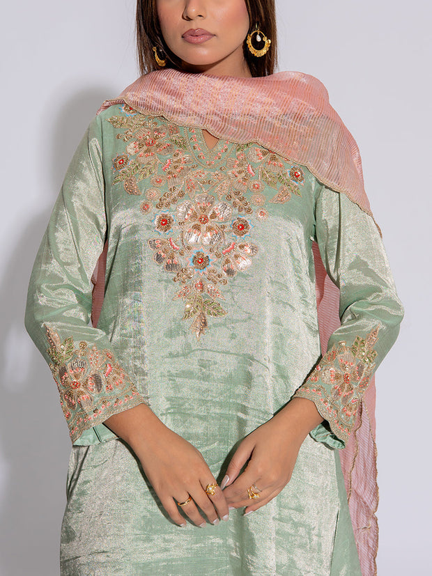 Green and Pink Tissue Embroidered Suit Set