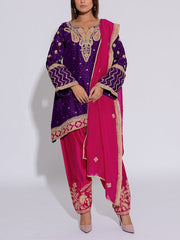 Violet and Pink Silk Embroidered Suit Set