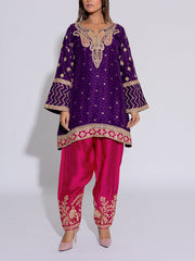 Violet and Pink Silk Embroidered Suit Set