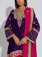 Violet and Pink Silk Embroidered Suit Set