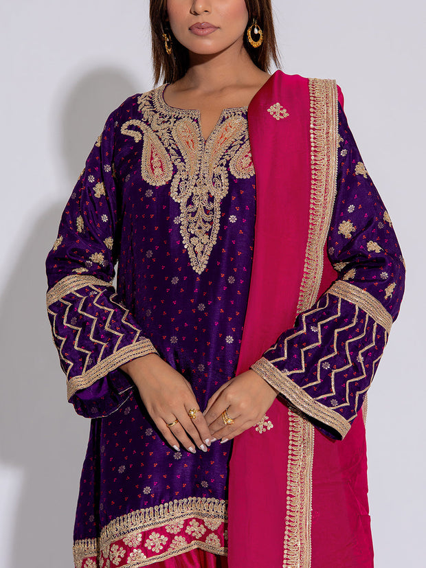 Violet and Pink Silk Embroidered Suit Set