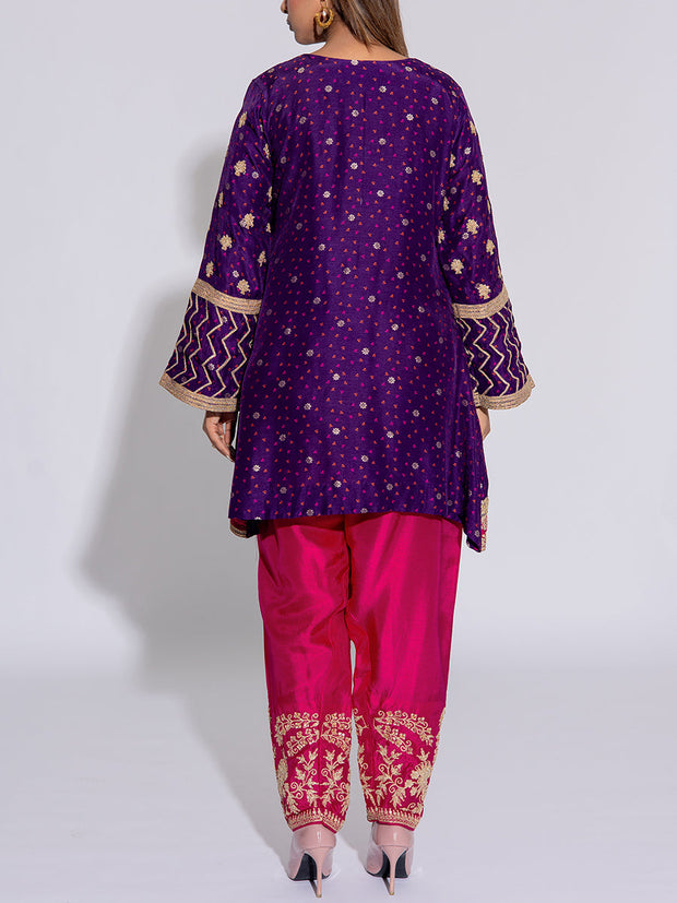 Violet and Pink Silk Embroidered Suit Set