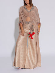 Beige Embroidered Crepe Asymmetric Top and Pant Set