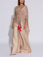 Beige Embroidered Crepe Asymmetric Top and Pant Set