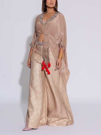 Beige Embroidered Crepe Asymmetric Top and Pant Set