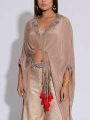 Beige Embroidered Crepe Asymmetric Top and Pant Set