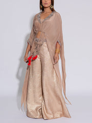 Beige Embroidered Crepe Asymmetric Top and Pant Set