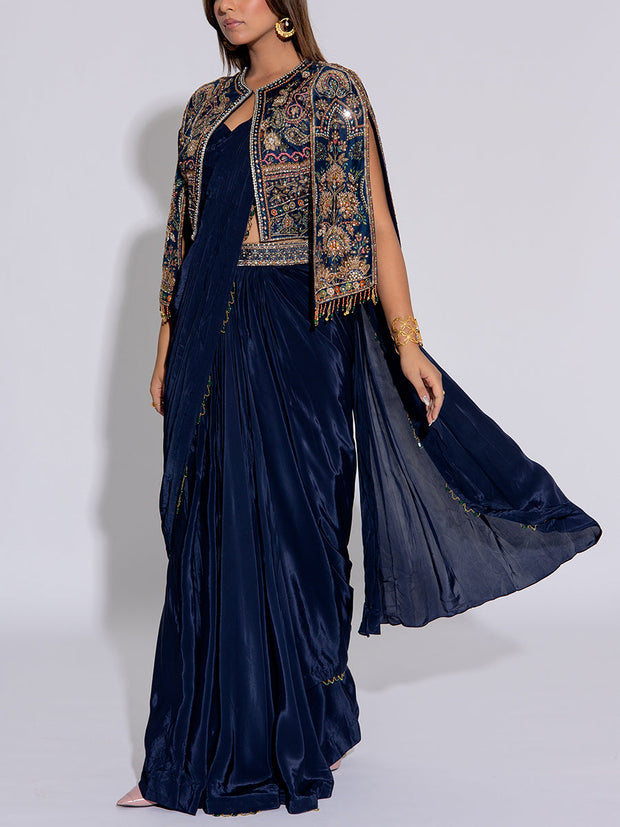 Navy Blue Silk Embroidered Draped Saree With Cape