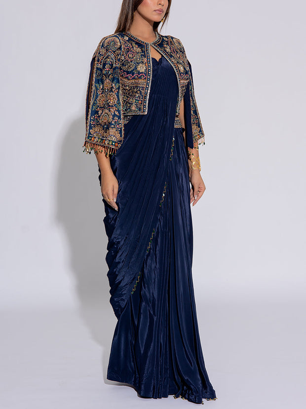 Navy Blue Silk Embroidered Draped Saree With Cape