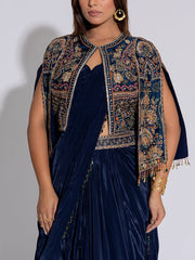 Navy Blue Silk Embroidered Draped Saree With Cape