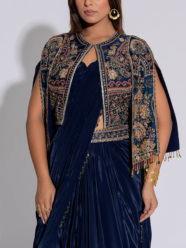 Navy Blue Silk Embroidered Draped Saree With Cape