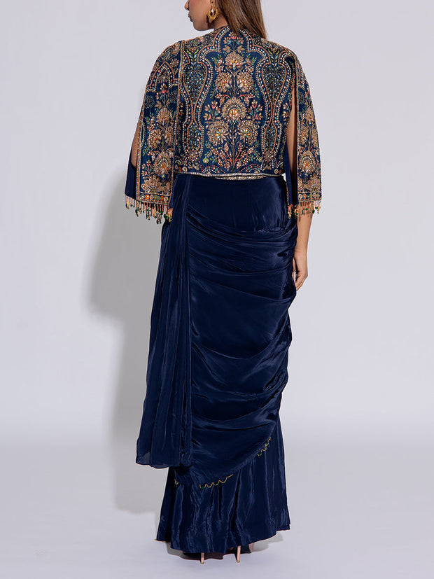 Navy Blue Silk Embroidered Draped Saree With Cape
