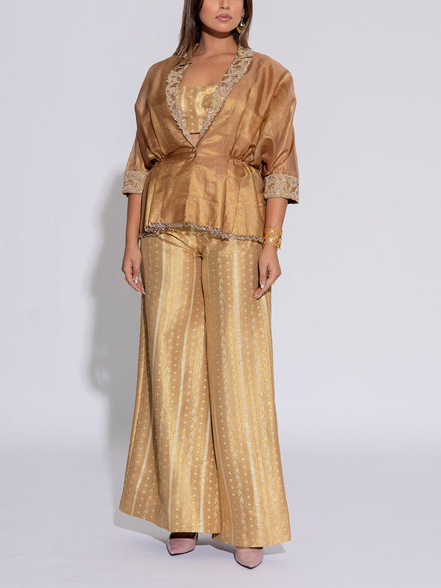 Golden Brown Tissue Embroidered Jacket and Pant Set
