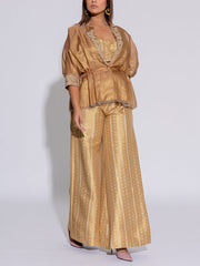 Golden Brown Tissue Embroidered Jacket and Pant Set