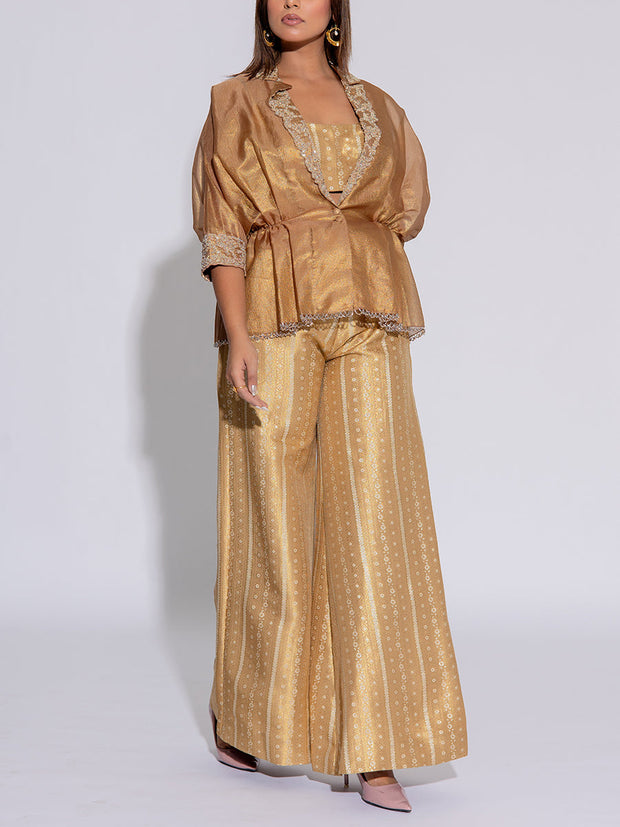Golden Brown Tissue Embroidered Jacket and Pant Set
