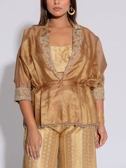 Golden Brown Tissue Embroidered Jacket and Pant Set