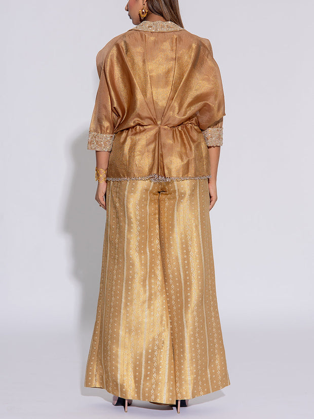 Golden Brown Tissue Embroidered Jacket and Pant Set