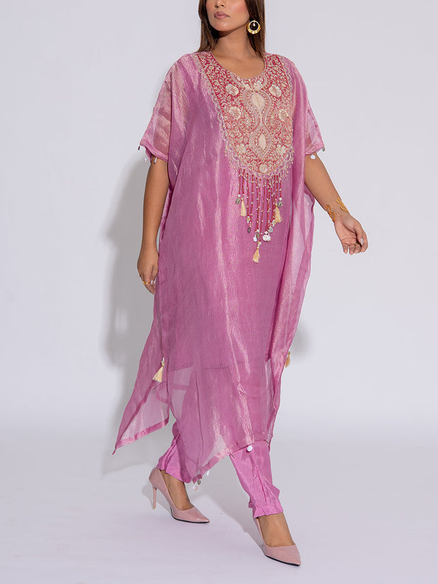 Mauve Tissue Embroidered Kaftan and Pant Set