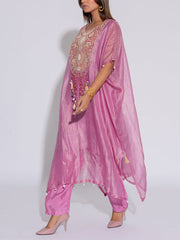 Mauve Tissue Embroidered Kaftan and Pant Set