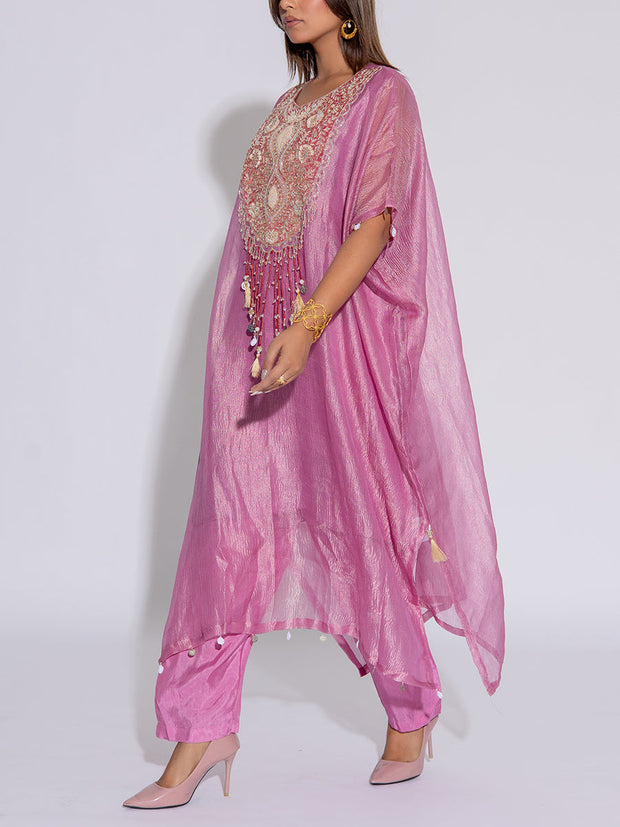 Mauve Tissue Embroidered Kaftan and Pant Set