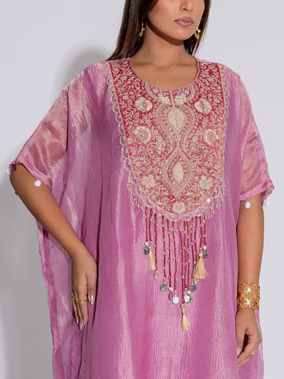 Mauve Tissue Embroidered Kaftan and Pant Set