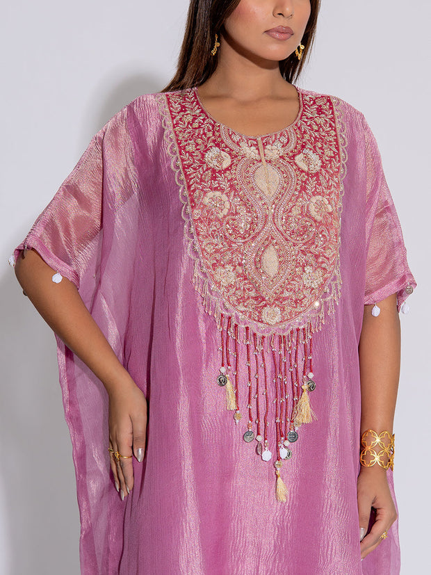 Mauve Tissue Embroidered Kaftan and Pant Set