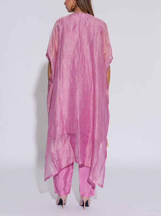 Mauve Tissue Embroidered Kaftan and Pant Set