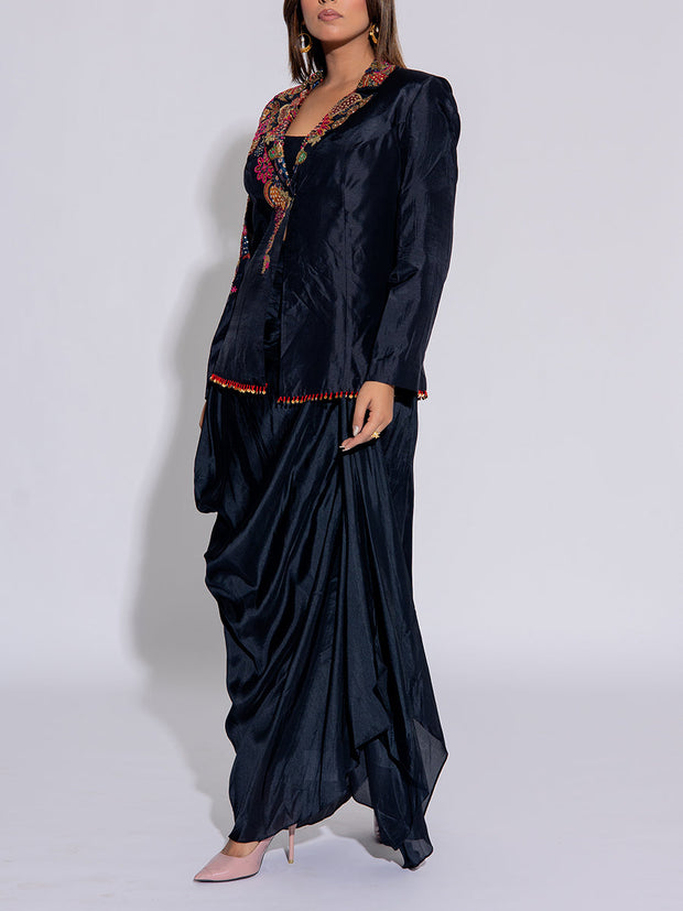 Black Embroidered  Silk  Jacket  and Draped Skirt Set
