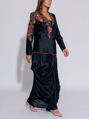Black Embroidered  Silk  Jacket  and Draped Skirt Set