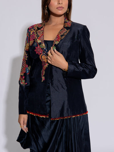 Black Embroidered  Silk  Jacket  and Draped Skirt Set