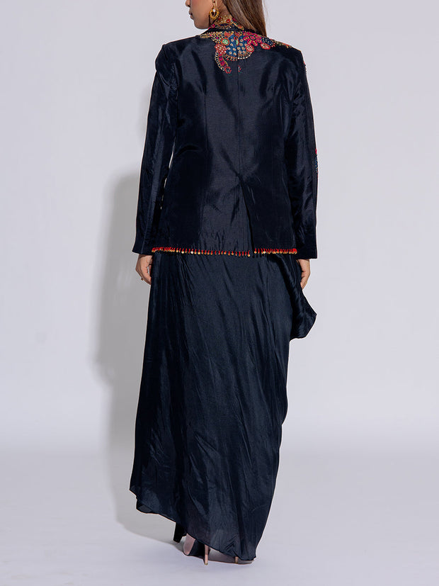 Black Embroidered  Silk  Jacket  and Draped Skirt Set