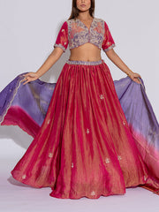Deep Pink and Purple Embroidered Tissue Lehenga Set
