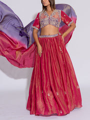 Deep Pink and Purple Embroidered Tissue Lehenga Set