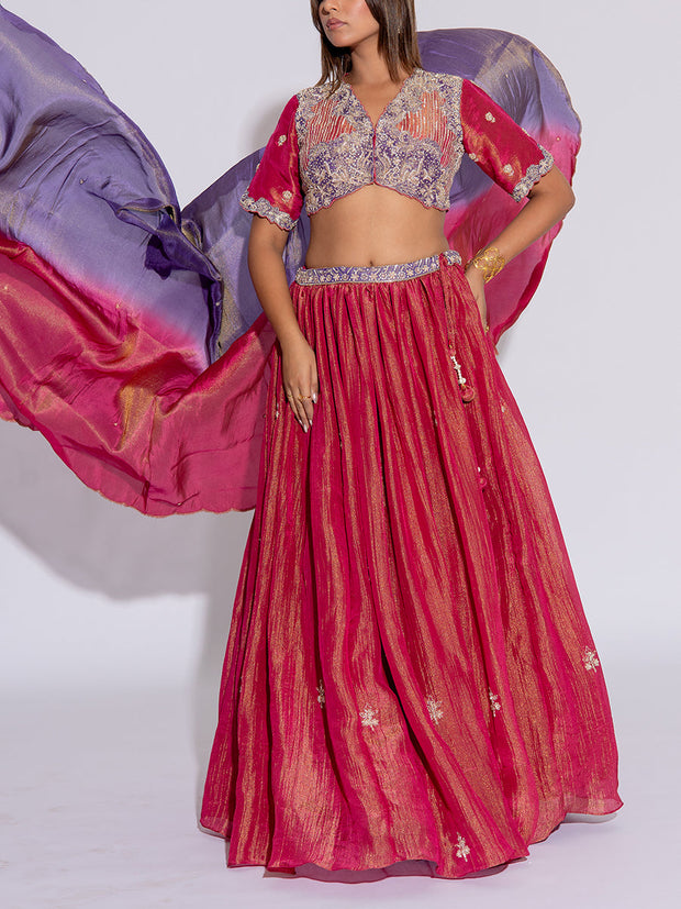 Deep Pink and Purple Embroidered Tissue Lehenga Set