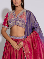 Deep Pink and Purple Embroidered Tissue Lehenga Set