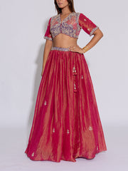 Deep Pink and Purple Embroidered Tissue Lehenga Set