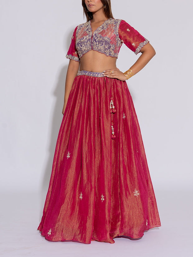 Deep Pink and Purple Embroidered Tissue Lehenga Set