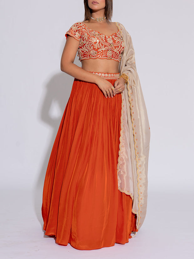Orange and Beige Embroidered Silk Lehenga Set