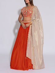 Orange and Beige Embroidered Silk Lehenga Set