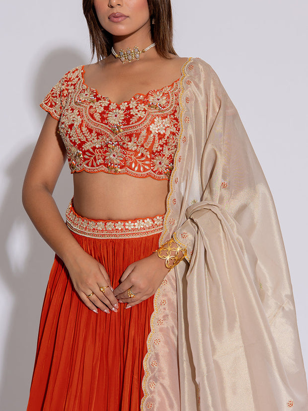 Orange and Beige Embroidered Silk Lehenga Set