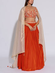 Orange and Beige Embroidered Silk Lehenga Set