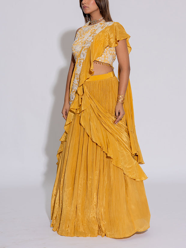 Yellow Silk Embroidered Lehenga Set