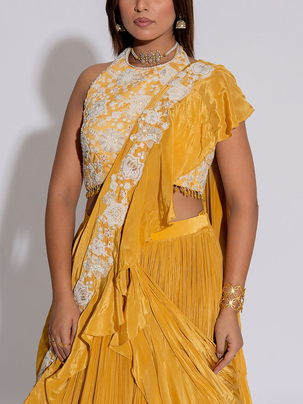 Yellow Silk Embroidered Lehenga Set